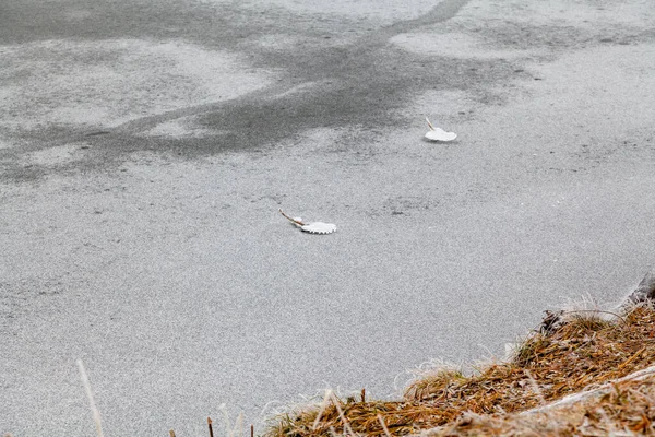 얼어붙은 강에서 표면은 얼음으로 얼음에 균열이 있습니다 안개가 — 스톡 사진