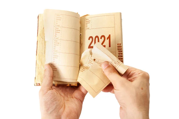 Man Right Hand Rips Page Middle His Alphabetical Notebook Right — Stock Photo, Image