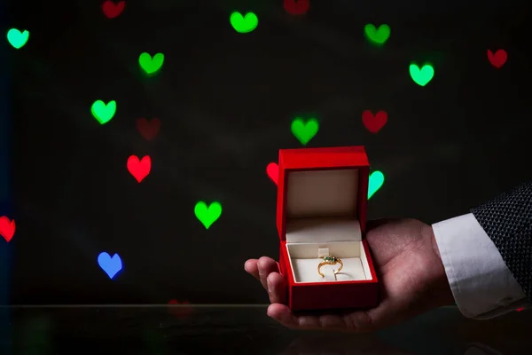 Valentine Day Engagement Man Hand Holds Wedding Ring Red Box — Stock Photo, Image