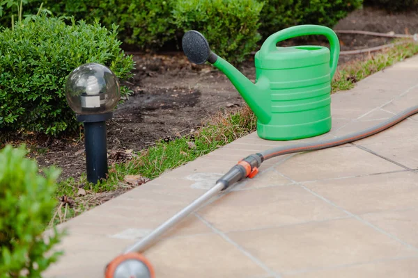 Yaz arsası. Yeşil bir plastik sulama kutusu bir fayansın üzerinde oturur. Yakınlarda gardı sulamak için lastik bir hortum var.