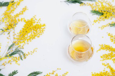 8 Mart bir bahar tatilidir. 8 numara, beyaz arka plandaki iki bardak konyaktan oluşuyor. Yakınlarda sarı bir mimoza dalı var. Yukarıdan Görünüm