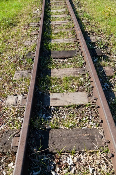 Trilhos Travessas Uma Ferrovia Bitola Estreita Uma Mola — Fotografia de Stock