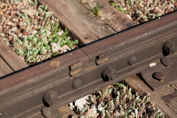 Nahaufnahme Der Kreuzung Zweier Schienen Eines Eisenbahngleises Metallschild Mit Drei — Stockfoto