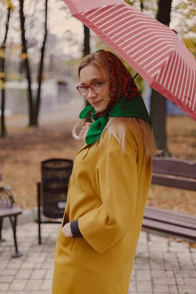 Portrait Girl Umbrella Nice Girl Glasses Stands Autumn Park Holds — Stock Photo, Image