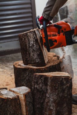 Elektrikli testere çalışıyor. Bir adam ağaç gövdesinin bir parçasını elektrikli testereyle kesiyor. Parça avludaki büyük bir ağaç kütüğünün üzerinde duruyor.