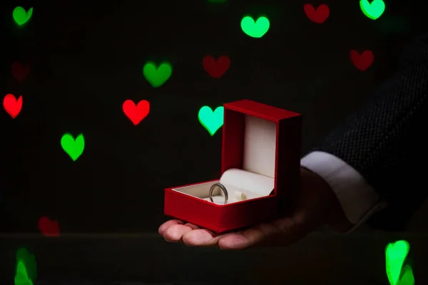 Valentine Day Engagement Man Hand Holds Wedding Ring Red Box — Stock Photo, Image