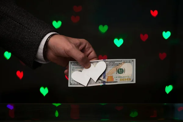 Original Gift Valentine Day Hand Holds Dollar Bill Top Bill — Stock Photo, Image