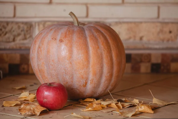 Halloween Coming Large Orange Pumpkin Shelf Nearby Beautiful Red Apple — Stock Photo, Image