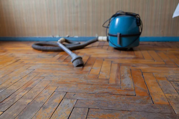 Old Parquet Floor Close Paint Varnish Peeling Wooden Planks Blue — Stock Photo, Image