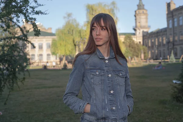 Cute Young Student Long Hair Denim Jacket Walks Campus Autumn — Stock Photo, Image