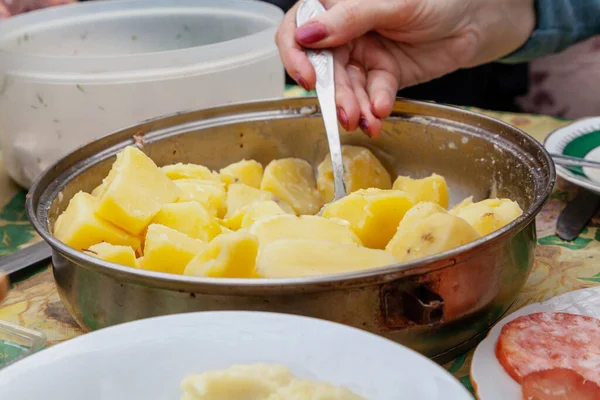 Woman Hand Manicure Lays Boiled Potatoes Metal Plate Close — Stock Photo, Image