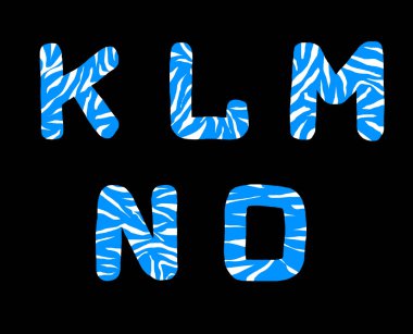 Bir kaplan derisi gibi soyut beyaz çizgili neşeli mavi harfler dizisi., 