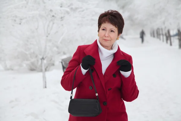 Atractiva anciana en la calle nevada de invierno —  Fotos de Stock