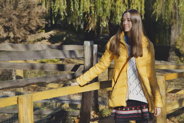 Jovem menina bonita fica perto da cerca de madeira no zoológico da cidade — Fotografia de Stock