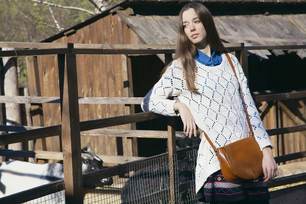 Young beautiful girl stands near the aviary with lamb in city zo — Stock Photo, Image