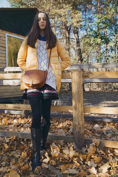 Young beautiful girl stands near the wooden fence in city zoo — Stock Photo, Image