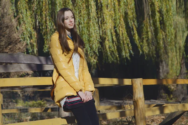 Young beautiful girl stands near the wooden fence in city zoo — Stock Photo, Image