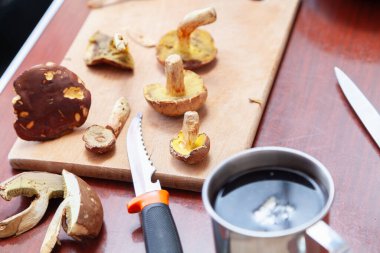 Mantarlı natürmort. Dilimlenmiş yenilebilir mantaryuvarlak bir tabakta yatıyor. Yakındaki te bir fincan