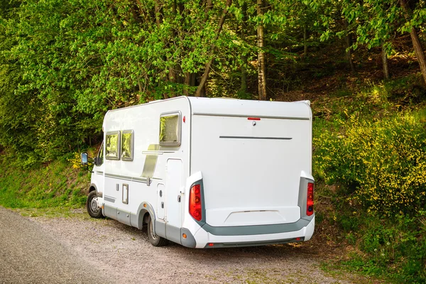 Camping mikrobusem van zaparkovaný v zeleném lese — Stock fotografie