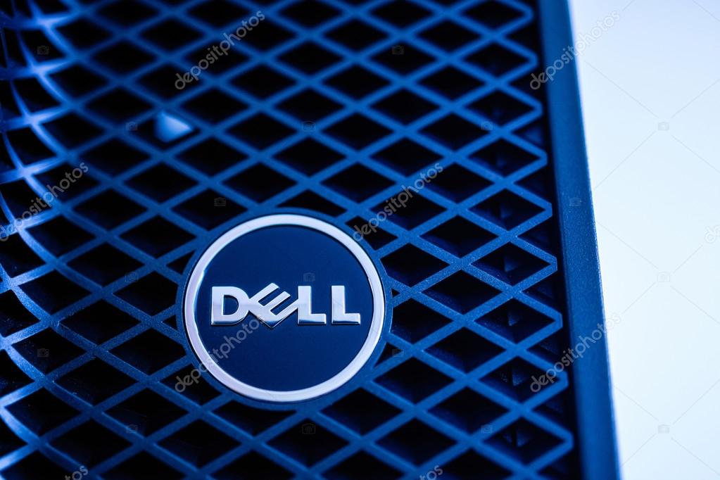 LONDON, UNITED KINGDOM - JUNE 30, 2014: Dell Computers logo on a powerful workstation, as seen on Jun 30, 2014. Dell workstations machines come configured as tower, rack-mounted or notebooks for diverse industries ranging from audio and video product