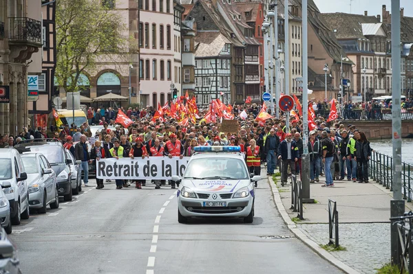 Pensioen arbeid hervorming bordje bij protest — Stockfoto