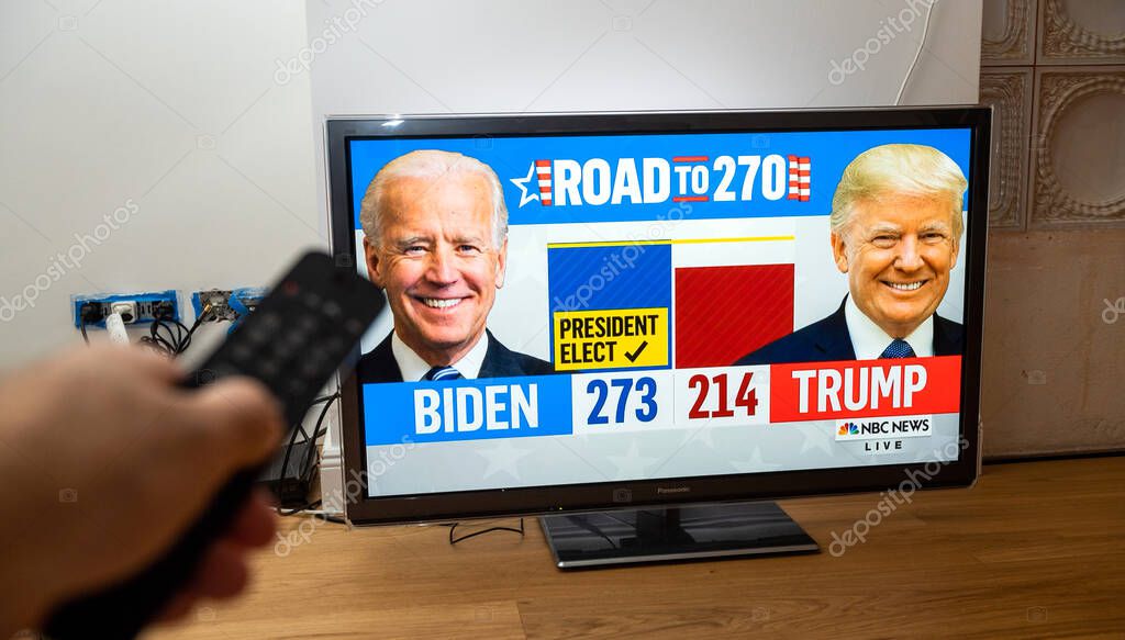 Paris, France - Nov 7, 2020: Road to 270 and President elect infographic on NBC News live latest news that Democratic presidential nominee Joe Biden has seemingly won the election