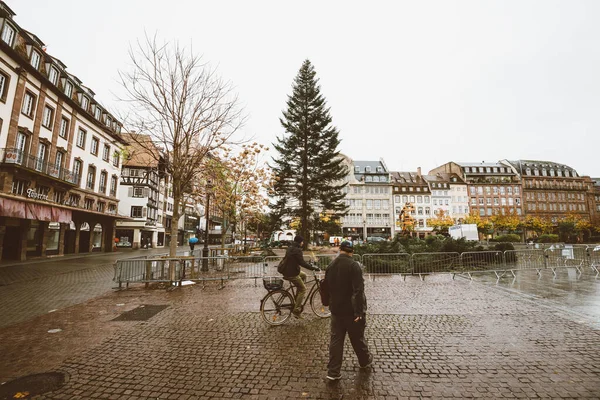 Instalación de árboles de Navidad en el cetral Estrasburgo dure — Foto de Stock