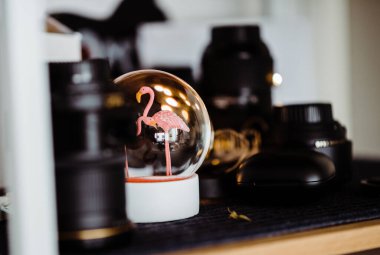 İçinde pembe flamingo olan cam bir kasenin odaklanmış görüntüsü.