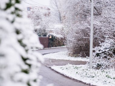 Şehirde kış mevsimi, şehir caddelerinde eşkıya dallarında yoğun kar yağışıyla.