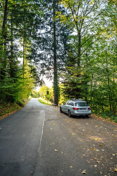 Silver Mercedes-Benz e-klasse parked on a forest road with tall pine trees - perspective empty road — Stock Photo, Image
