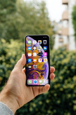 POV erkek eli yeni Apple Bilgisayarları iPhone 112 profosyonel OLED dijital retina ekranında tüm ev uygulamaları - park yeşil arka planı