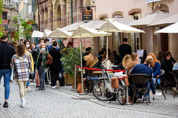 Strasbourg France May 2021 People Waiting Seated Terrace Academie Biere — Stock Photo, Image