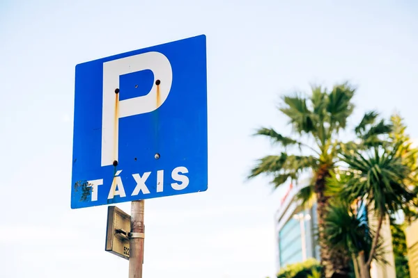 Sinal de táxis traduzido como táxi com palmeira no fundo — Fotografia de Stock