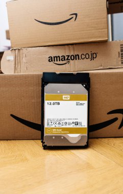 Yeni Batı Dijital 12Tb terabayt HDD sabit disk sürücüsü Amazon karton kutularına dayanır