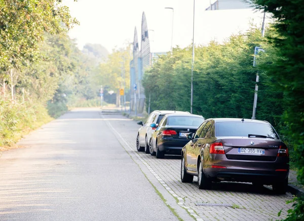 Haarlem 'in göbeğindeki neredeyse boş yolda park etmiş birden fazla arabanın arka görüntüsü.