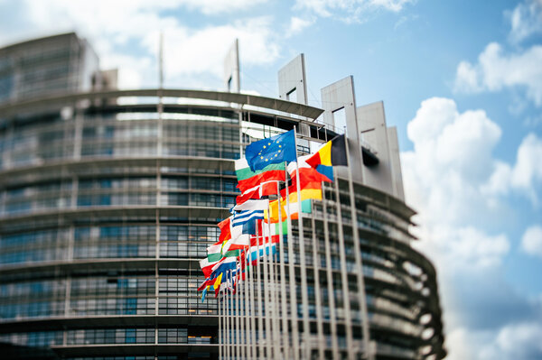 Flags in front of the European Parliament
