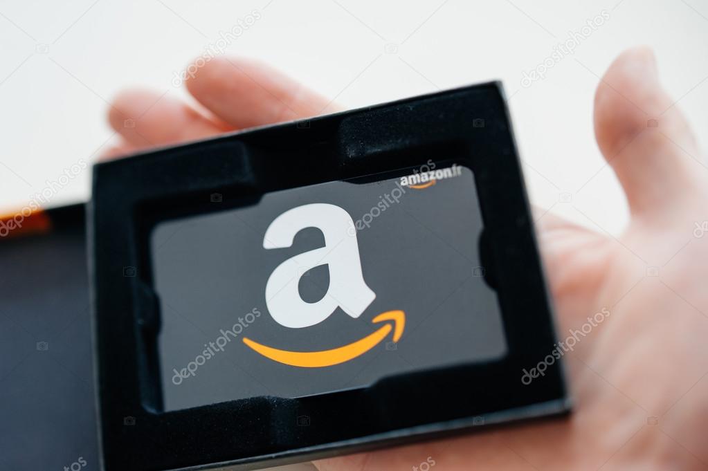 LONDON, UNITED KINGDOM - Close-up of Amazon Gift Card in beautiful box ready to be offered as a gift. Amazon Gift Box with A greeting Card is delivered in one-day shipping through the world and is available to purchase million of products from the on