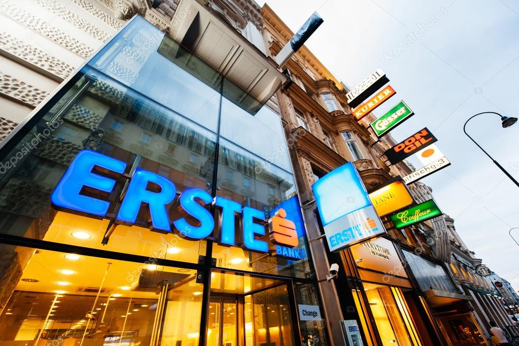 VIENNA, AUSTRIA - JULY 4, 2011: The Erste bank logo sits on display outside a bank branch, operated by Erste Group Bank AG, in Vienna, Austria. Austria's economy, reliant on exports to other European Union countries, isn't growing fast enough to redu