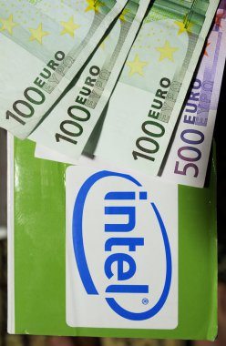 Intel logotype on a new computer box clipart