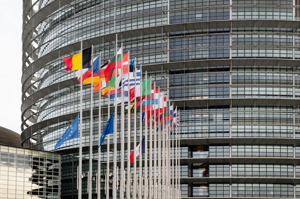 European Union Flags and France flag flies at half-mast — Stock Photo, Image