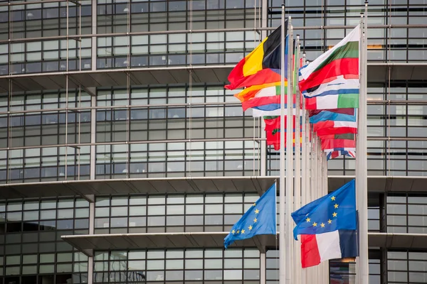 European Union Flags and France flag flies at half-mast — Stock Photo, Image