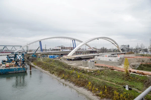 Installation and construction process of the new bridge — 스톡 사진