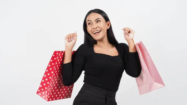 Compras Mulher Sexy Retrato Menina Bonita Animado Vestindo Preto Segurando — Fotografia de Stock