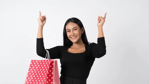 Compras Mulher Sexy Retrato Menina Bonita Animado Vestindo Preto Segurando — Fotografia de Stock