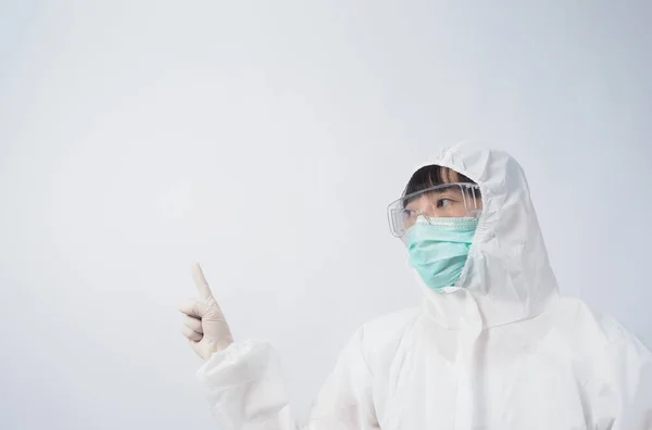 Doctor Gesto Mujer Asiática Médico Traje Ppe Equipo Protección Personal —  Fotos de Stock