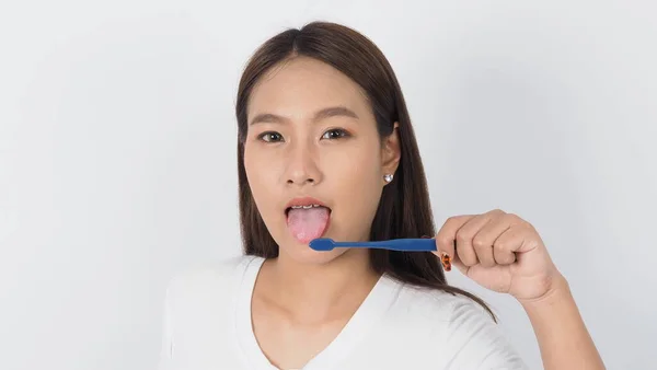 Frena Los Dientes Apoyo Dental Chica Sexy Sonrisa Sosteniendo Cepillo — Foto de Stock