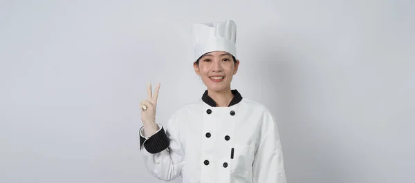 Chef Haciendo Gestos Retrato Hermosa Mujer Asiática Cocinero Con Sombrero — Foto de Stock
