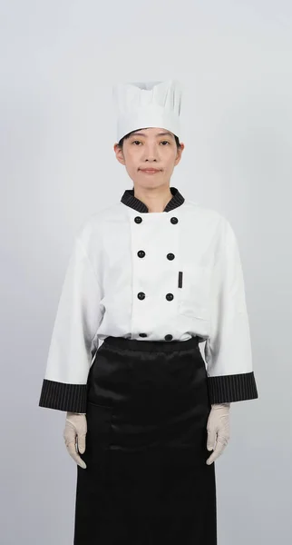 Gesto Chef Retrato Bela Mulher Asiática Cozinhar Vestindo Chapéu Uniforme — Fotografia de Stock