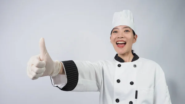 Chef Haciendo Gestos Retrato Hermosa Mujer Asiática Cocinero Con Sombrero — Foto de Stock