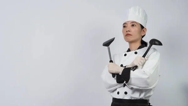 Chef Haciendo Gestos Retrato Hermosa Mujer Asiática Cocinero Con Sombrero — Foto de Stock